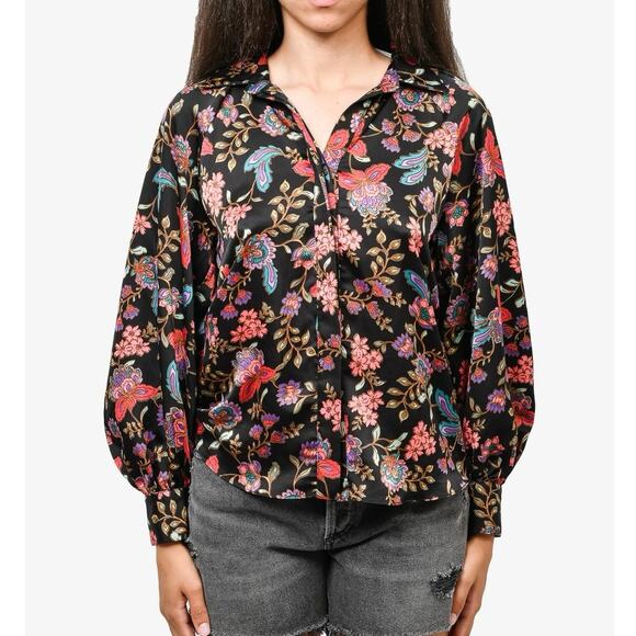$198 New Misa Floral Silky Button Down - XS - Black / Pink - Picture 1 of 6